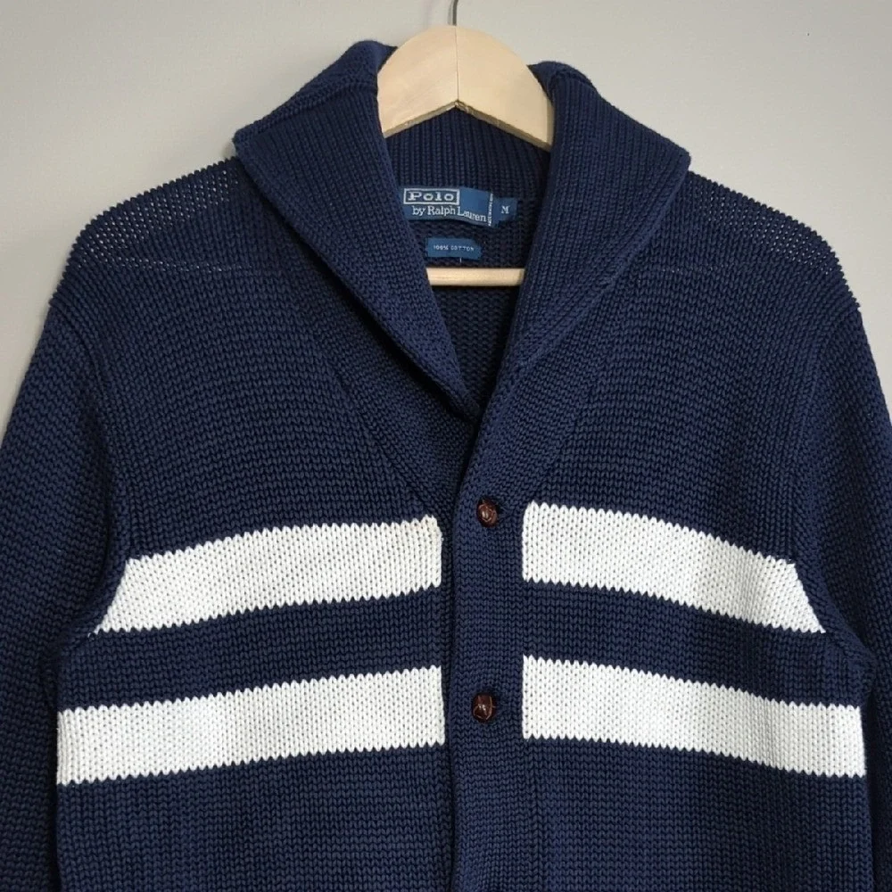 Polo Ralph Lauren Navy‎ Blue Cardigan Sweater Preppy Quiet Luxury Men's Medium